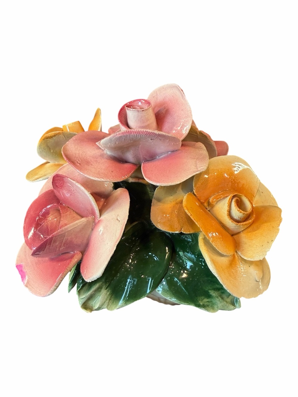 Capodimonte Italy Porcelain Pink Yellow Rose Floral Basket Centerpiece Vintage